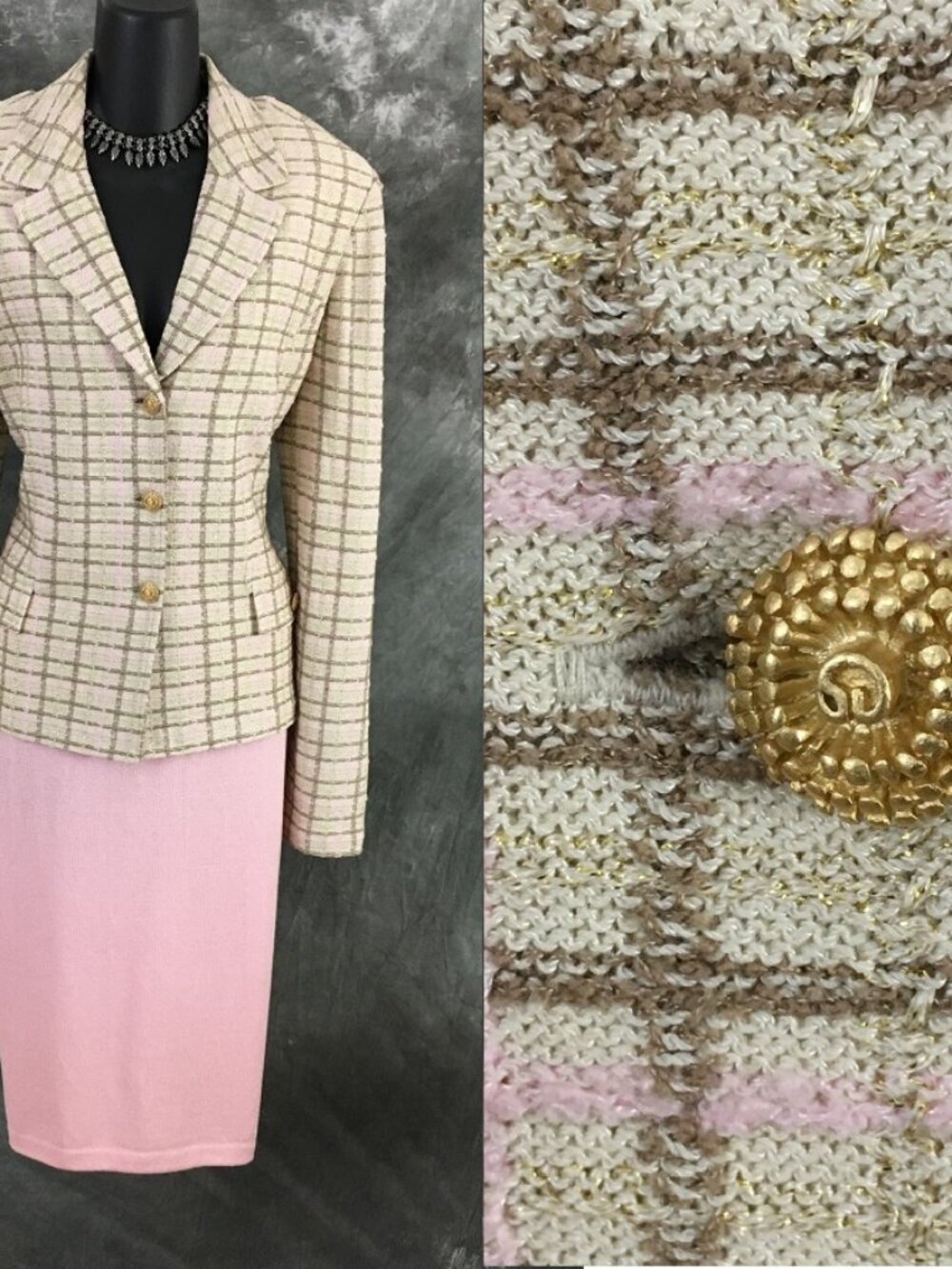 BEAUTIFUL St John collection knit tan pink multi jacket skirt suit size 12